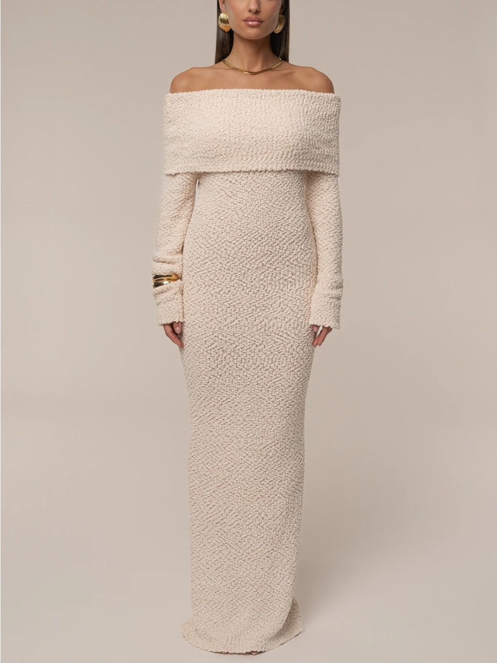 JLUXLABEL Off-Shoulder Cream Maxi Knit Dress